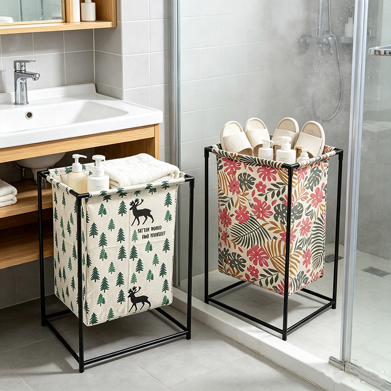 【Random Color】 1PC Foldable Metal Frame Laundry Basket, Large Capacity Waterproof Dirty Clothes Hamper, Detachable Fabric Sundries Storage Bin for Bathroom Bedroom （NO.58007）