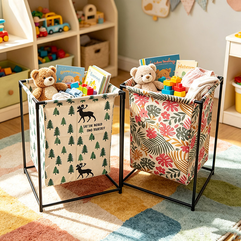 【Random Color】 1PC Foldable Metal Frame Laundry Basket, Large Capacity Waterproof Dirty Clothes Hamper, Detachable Fabric Sundries Storage Bin for Bathroom Bedroom （NO.58007）