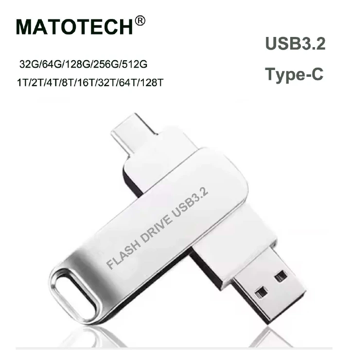 MATOTECH OTG 2in1 USB3.2 Type-C Flash Drive 32GB 64GB 128GB 256GB 512GB 1TB 2TB 4TB 8TB 16TB 32TB 64TB 128TB Disk Metal Pen Drive Stick U Disk Flashdisk Pendrive Silver