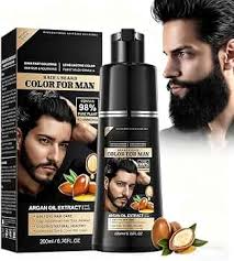 Black Hair Dye Shampoo for Men, 4-in-1 Black Hair Dye Shampoo with Argan Oil, Hair Colour Black for Grey Coverage, Beard Dyeing Men, Nourishing Hair Dye Shampoo with Plant Hair Colour, 200 ml