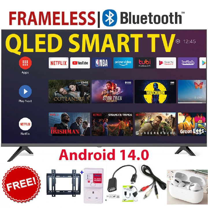 VITRON HTC4300QFS 43" INCH QLED FRAMELESS FHD SMART TV ANDROID TV NETFLIX ,YOUTUBE TELEVISION INBUILT DECODER,ICAST , BUILT-IN WIFI, APP STORE 1GB-RAM 8GB-ROM 2*USB PORTS,3*HDMI+5FREE GIFTS