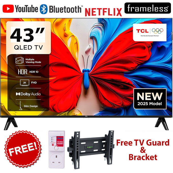 TCL 43S5K 43" Inch QLED (2026 MODEL)Google TV, Smart Android Full HD Television, Bluetooth Enabled, Wi-Fi, Netflix, YouTube, Dolby Audio, HDR10, Inbuilt Decoder + FREE TILT BRACKET+TV GUARD