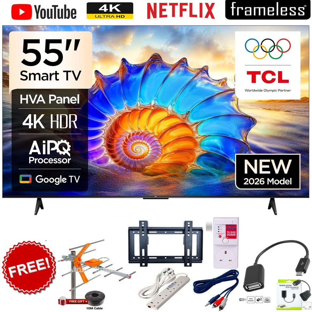 TCL 55V6D Smart TV 55 Inch, 4K Ultra HD LED Display, Google TV Platform, Dolby Audio System, Wireless Connectivity, HDR Support+6 FREE ACCESSORIES