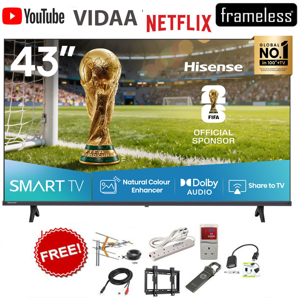 CLEARANCE SALE!!! Hisense 43A4, 43" INCH FRAMELESS SMART TELEVISION, FULL HD RESOLUTION, A4K SERIES ,NETFLIX ,YOUTUBE TV,DTS, INBUILT DECODER, BUILT-IN WIFI,VIDAA OS+7 FREE GIFTS