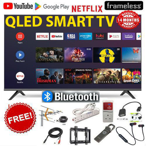 VITRON 43 Inch Smart Android Television HTC4300QFS QLED Full HD Frameless Design Bluetooth Enabled WiFi Netflix YouTube App Store HDMI USB Ports+8 FREE Gifts