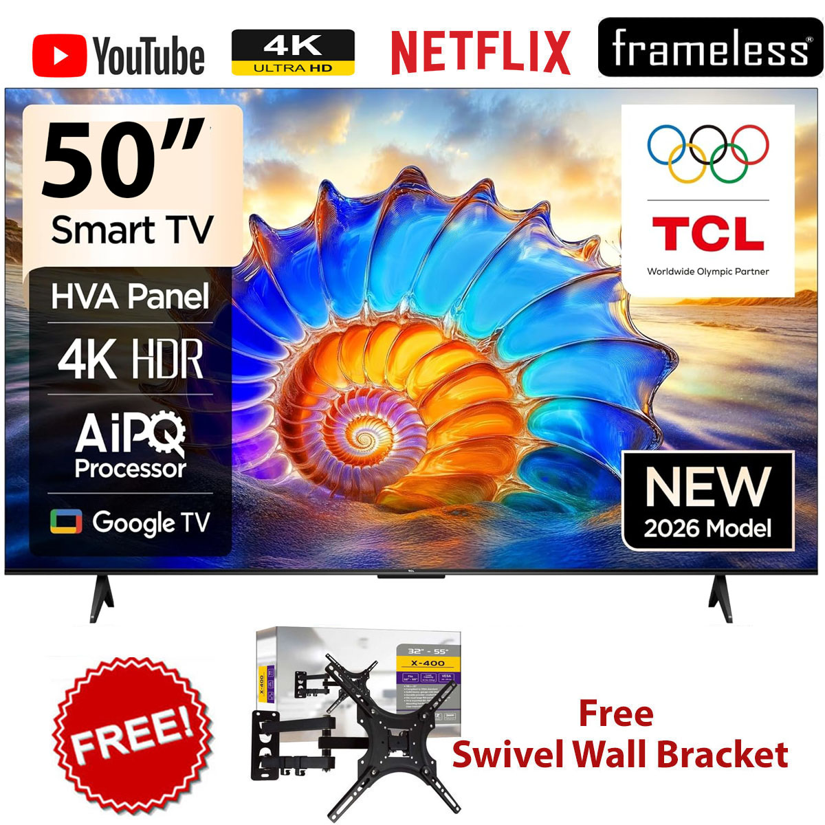 TCL 50V6D 50 Inch Smart TV, 4K UHD HDR Display, Google TV, Dolby Vision, Dolby Atmos, Game Accelerator, Voice Control, Frameless Design, Wi-Fi Connectivity+FREE 360 WALL BRACKET