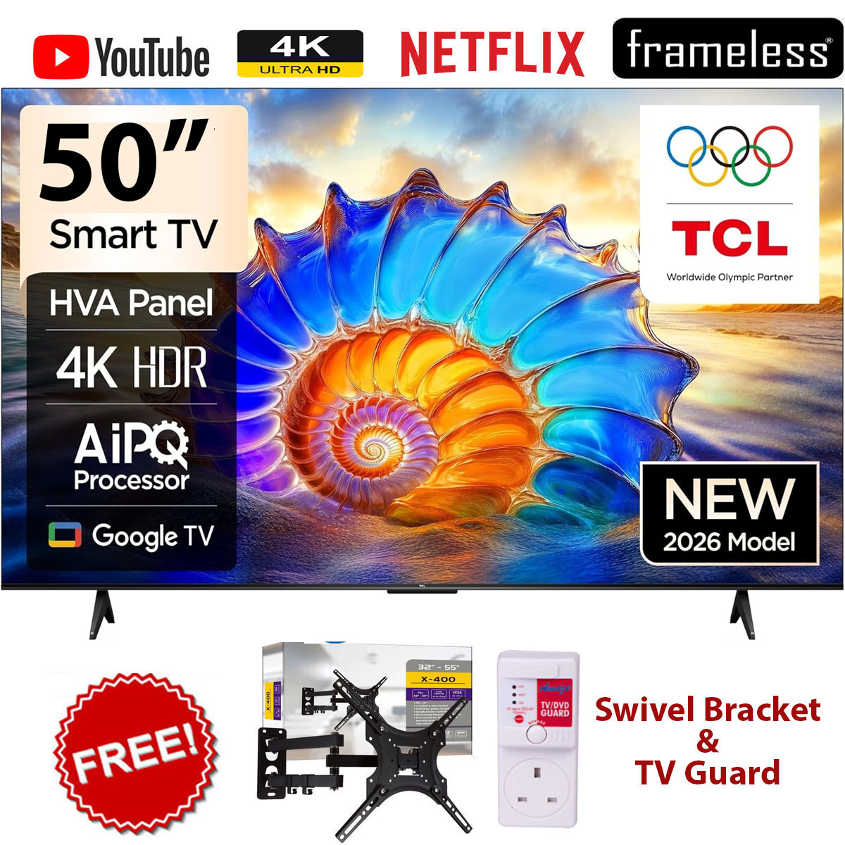 TCL 50 Inch Smart TV 50V6D, 4K Ultra HD HDR Television, Google TV OS, Dolby Vision Atmos, Voice Control, Frameless Design, Wi-Fi Enabled+FREE 360 BRACKET+POWER GUARD