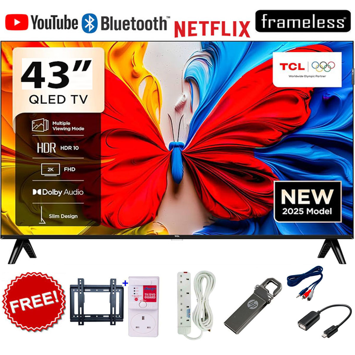 TCL 43S5K 43" Inch Smart Android Google QLED TV, Full HD Television,Bluetooth Enabled,Wi-Fi Connectivity, Netflix, YouTube, Google Play Store, Dolby Audio, HDR10,Screen Mirroring, HDMI/USB Ports+Gifts