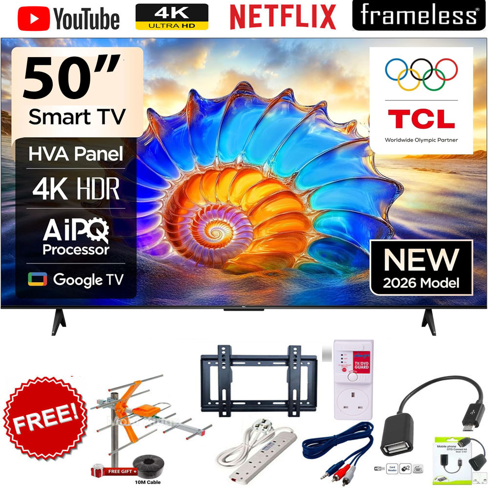 TCL 50" Inch Google TV, 4K UHD HDR Display, Dolby Vision Atmos, Voice Control, Frameless Design, Wi-Fi Connectivity, V6D Series+6 FREE ACCESSORIES