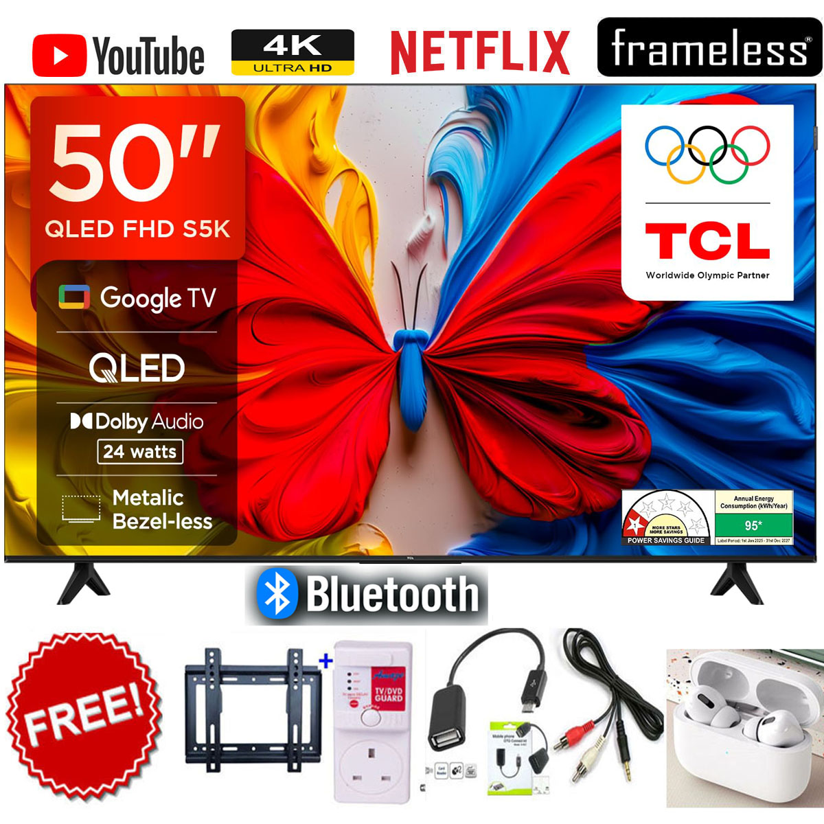 TCL 50" QLED Smart TV Google TV, Full HD Android Television with Dolby Audio, Inbuilt Digital Decoder, Bluetooth, Wi-Fi Connectivity, Netflix, YouTube +5 FREE  GIFTS