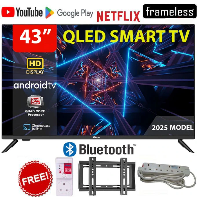 VITRON 43" Inch Frameless QLED Smart Android 14.0 TV HTC4300QFS Bluetooth Enabled Inbuilt WiFi Netflix YouTube App Store Digital Television+FREE BRACKET+TV GUARD+EXTENSION