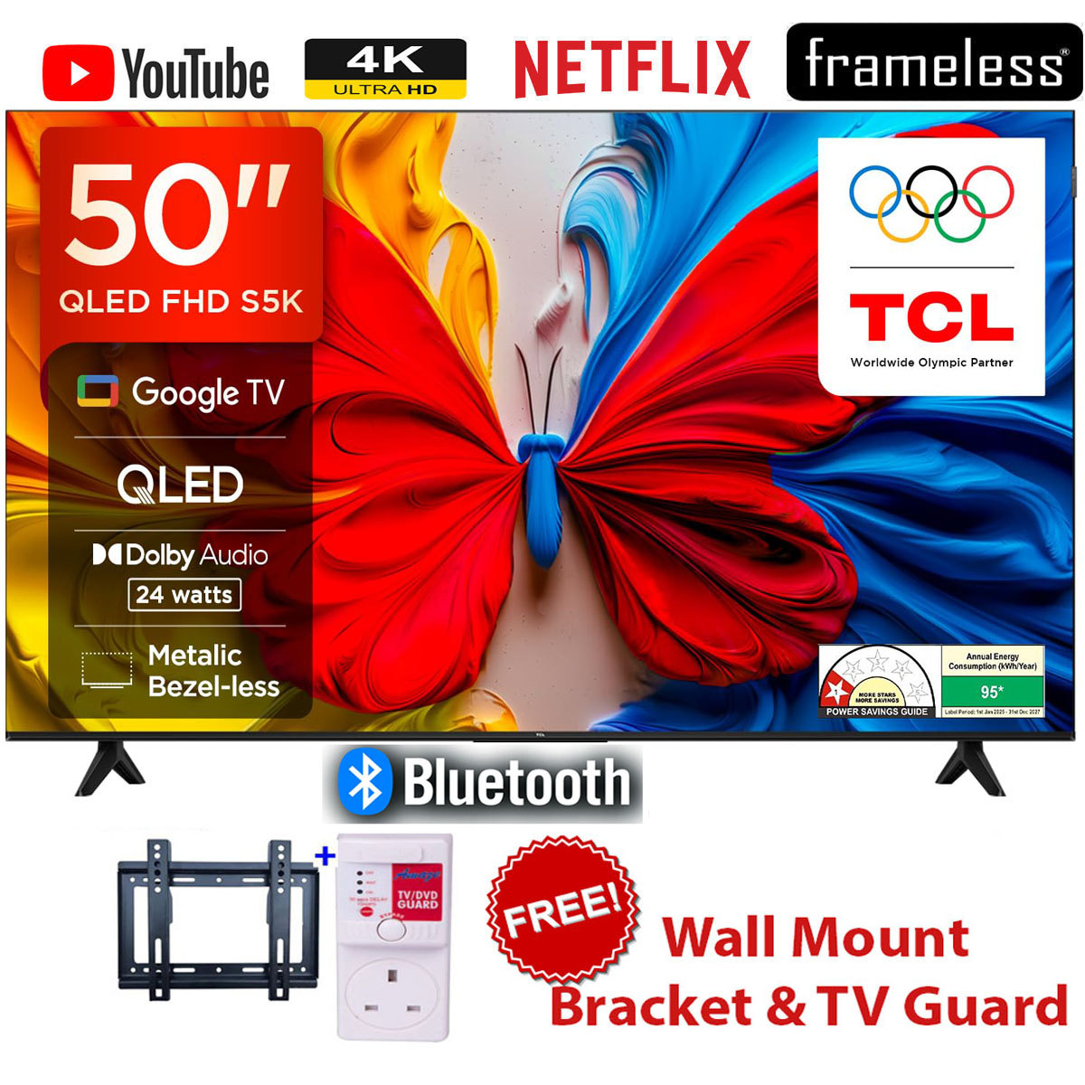 TCL 50" Inch QLED Google TV, Smart Full HD Android TV, Wi-Fi, Bluetooth, Netflix, YouTube, Prime Video, Dolby Audio, Inbuilt Decoder + FREE TV Guard & Wall Bracket