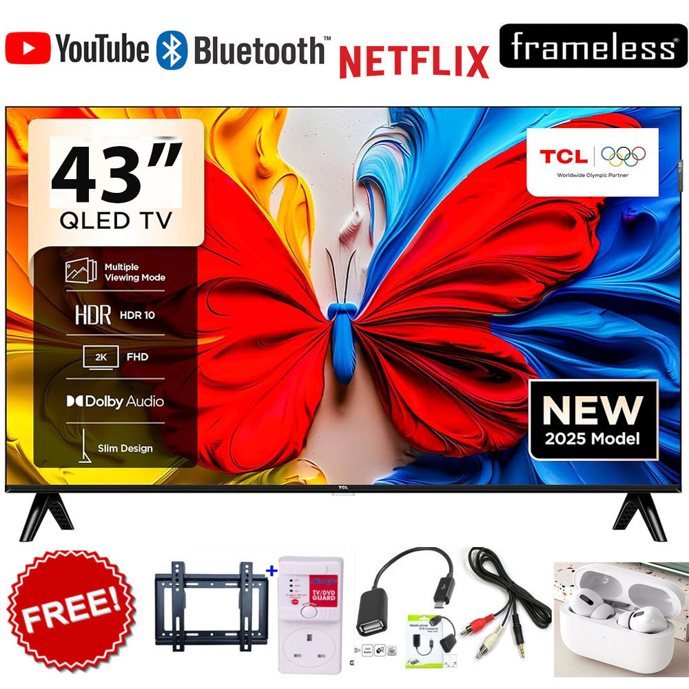 TCL 43" Inch Smart Android Google QLED TV, FHD Television, Bluetooth Enabled, Wi-Fi, Netflix, YouTube, Prime Video, HDR10, Dolby Audio, ICAST Screen Mirroring, Inbuilt Decoder+ FREE TV Guard+Bracket