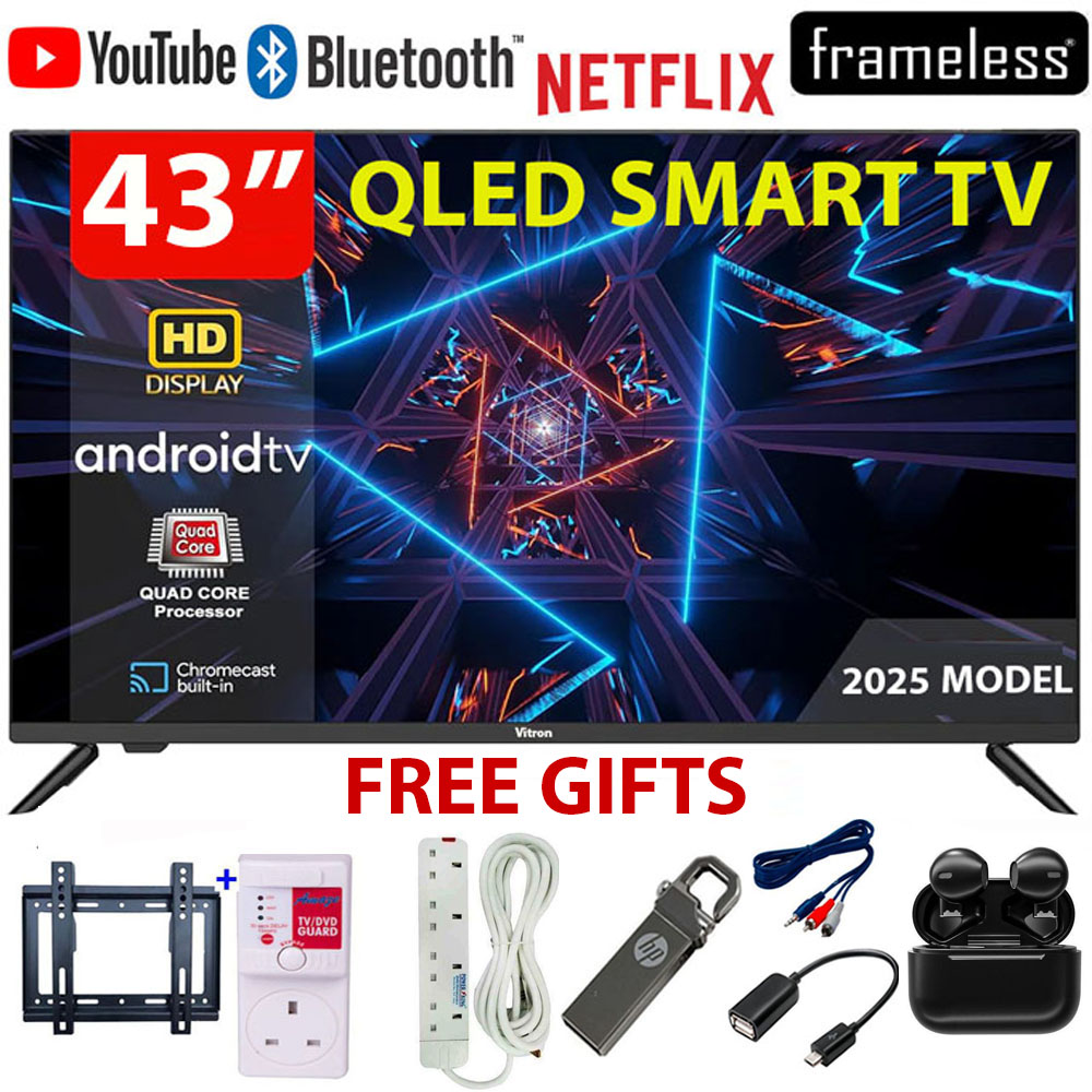 VITRON HTC4300QFS 43 Inch Smart Android 14 QLED Television Full HD Display Bluetooth WiFi Netflix YouTube App Store 1GB RAM 8GB ROM Screen Mirroring +7 FREE Accessories