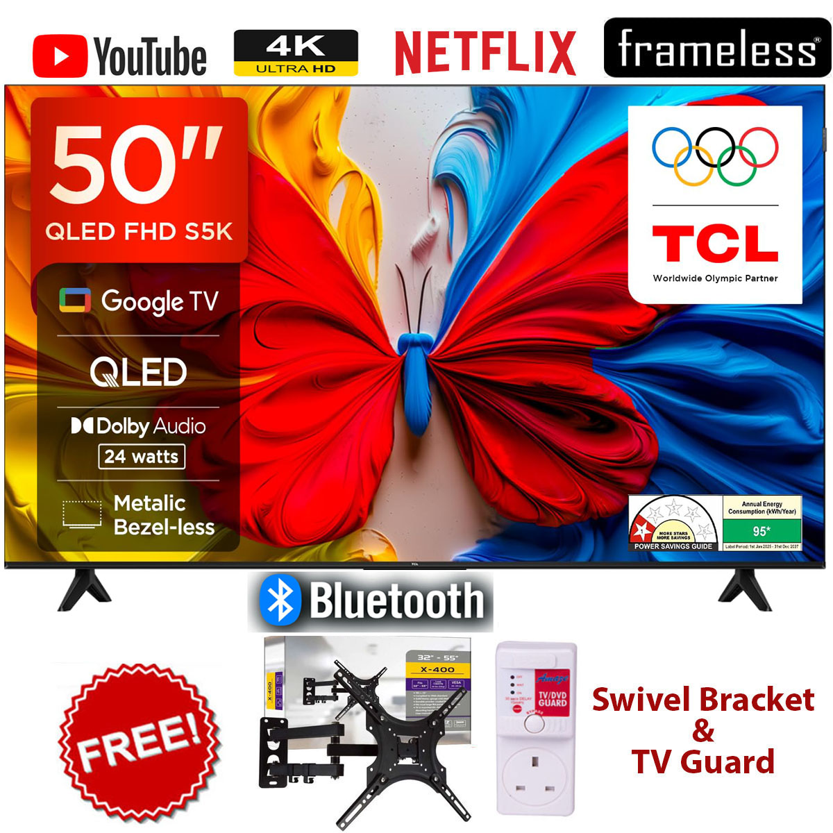 TCL 50" Inch QLED TV, Google Smart Android TV, Wi-Fi, Bluetooth, Netflix, YouTube, Prime Video, Dolby Audio, Digital Decoder + FREE TV GUARD &SWIVEL 360 BRACKET
