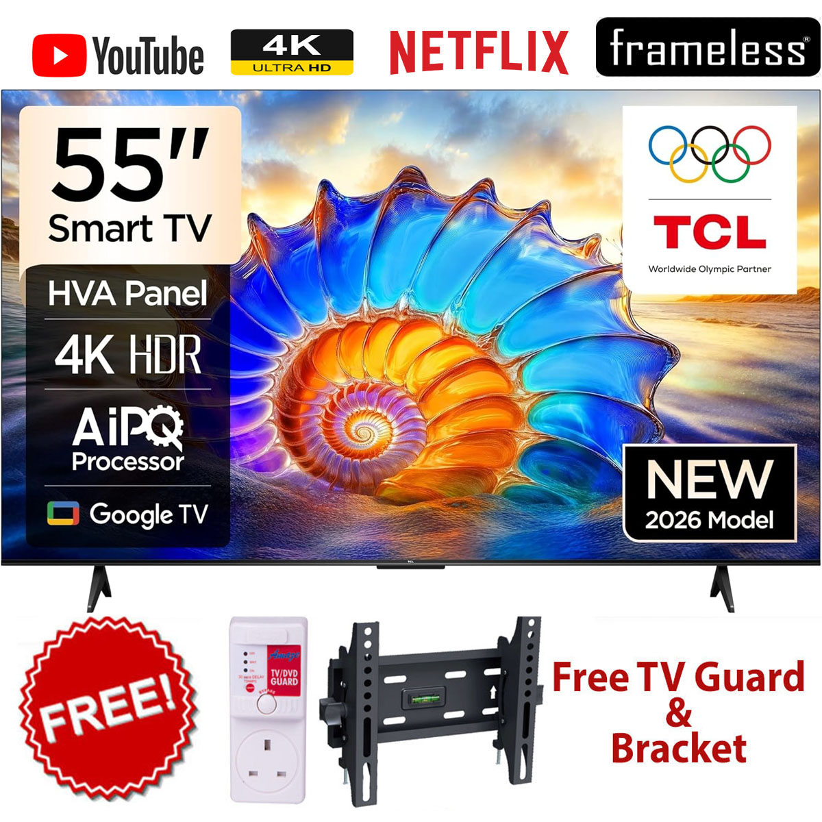 TCL 55" Inch Smart TV 4K ULTRA HD (55V6D, 2026 Model)with Google,Dolby Vision,Atmos, HDR Pro+, Game Accelerator Enhanced Gaming, Voice Control,NETFLIX,YOUTUBE,BLUETOOTH+TILT BRACKET+GUARD+1YR WARRANTY