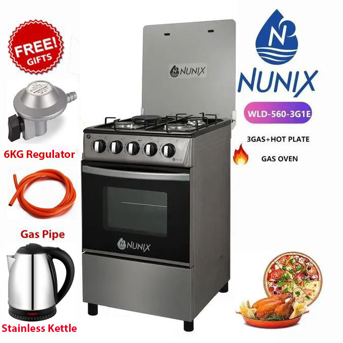 CLEARANCE SALE!!! Nunix Standing Gas Cooker 50x55, 3 Gas + 1 Electric Hotplate, Gas Oven+FREE 6KG REGULATOR+GAS PIPE+KETTLE
