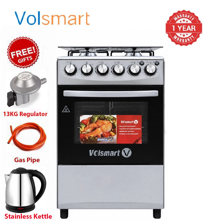 VOLSMART 50x55 Gas & Electric Cooker  3 Gas Jet Burners, Electric Hot Plate, Electric Oven, SILVER+FREE GIFTS