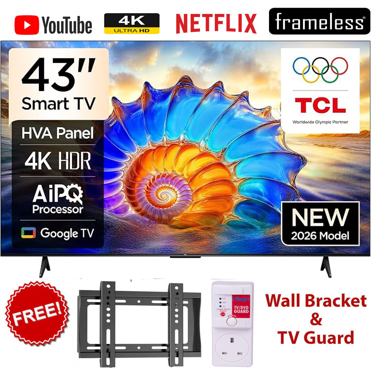 TCL V6D  43" Inch,FRAMELESS, 4K Ultra HD Smart LED Google/Android TV,Bluetooth-Enabled++FREE WALL BRACKET+TV GUARD+1 YEAR WARRANTY