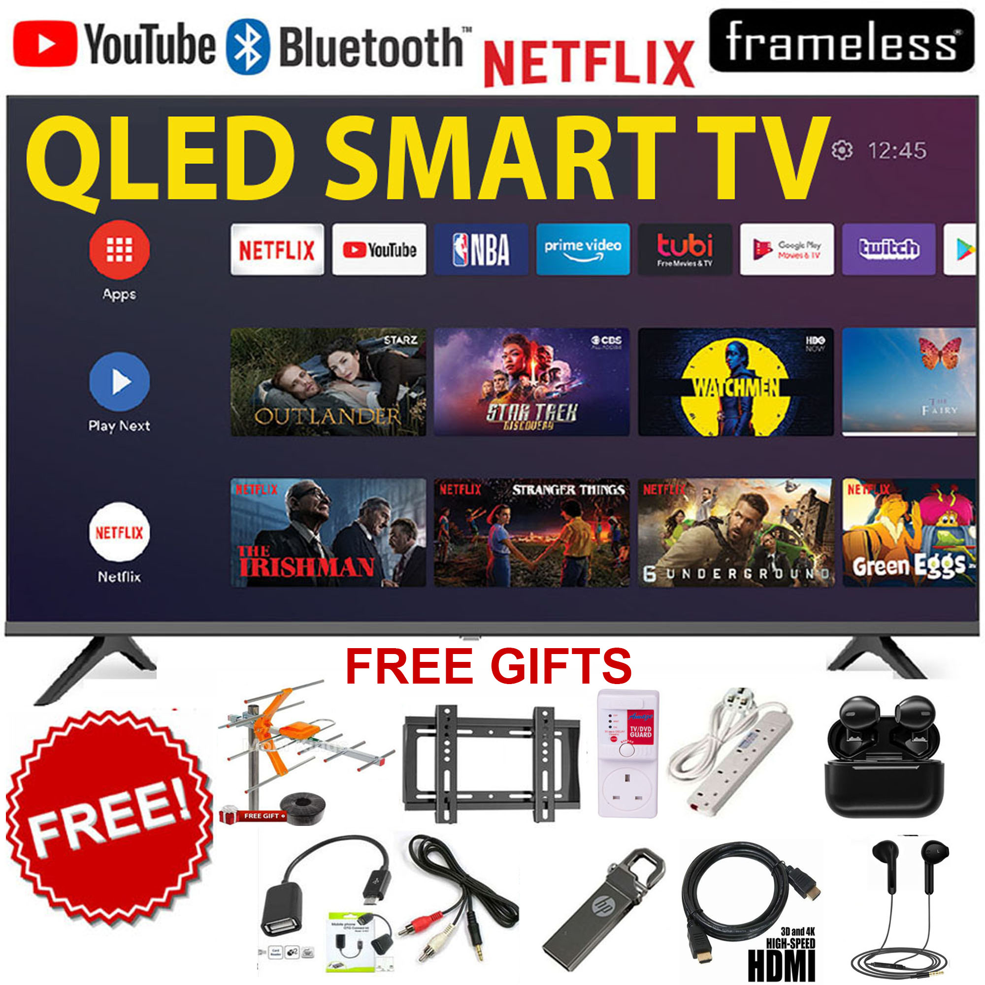 VITRON 43" INCH QLED ANDROID TV FHD TV BLUETOOTH CONNECTIVITY FRAMELESS & DIGITAL TV NETFLIX YOUTUBE TELEVISION BUILT-IN WIFI VITRON TV 1GB-RAM 8GB-ROM VITRON 43 4300QFS +10 FREE ACCESSORIES