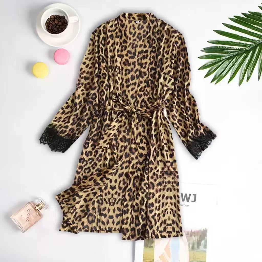 Fashionable Summer Leopard Print Ice Silk Pajamas Set for Women Four-Piece Home Wear Woven with Nonwoven Method Full Charm
