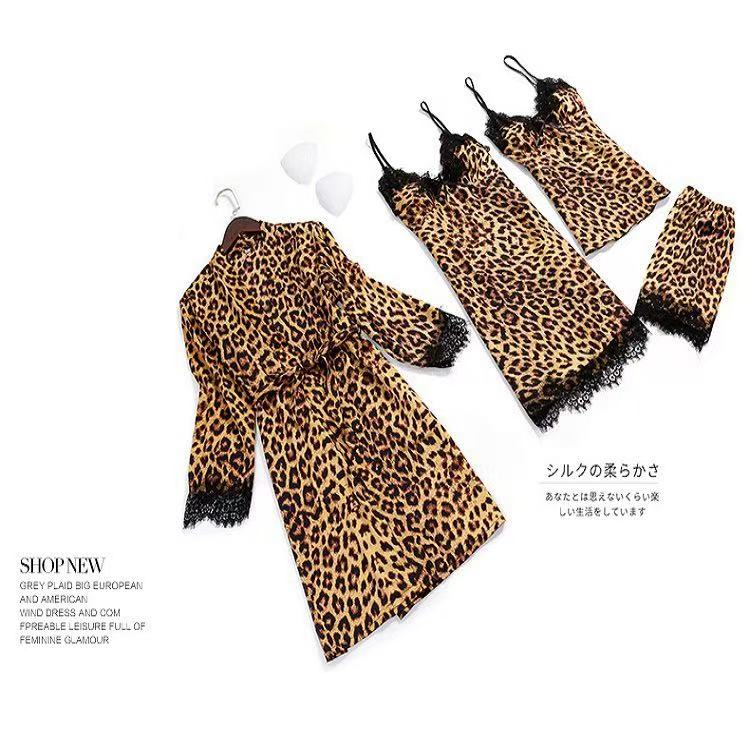 Fashionable Summer Leopard Print Ice Silk Pajamas Set for Women Four-Piece Home Wear Woven with Nonwoven Method Full Charm