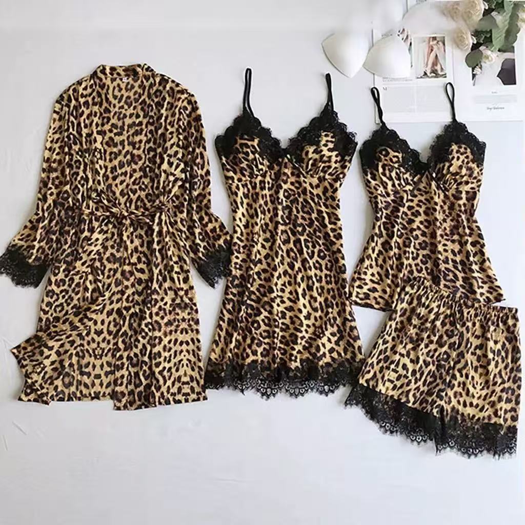 Fashionable Summer Leopard Print Ice Silk Pajamas Set for Women Four-Piece Home Wear Woven with Nonwoven Method Full Charm