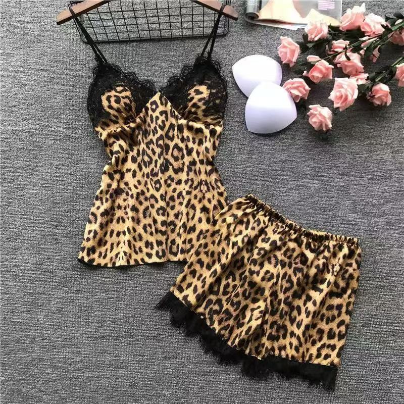 Fashionable Summer Leopard Print Ice Silk Pajamas Set for Women Four-Piece Home Wear Woven with Nonwoven Method Full Charm