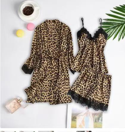 Fashionable Summer Leopard Print Ice Silk Pajamas Set for Women Four-Piece Home Wear Woven with Nonwoven Method Full Charm
