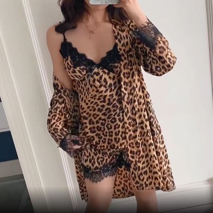 Fashionable Summer Leopard Print Ice Silk Pajamas Set for Women Four-Piece Home Wear Woven with Nonwoven Method Full Charm