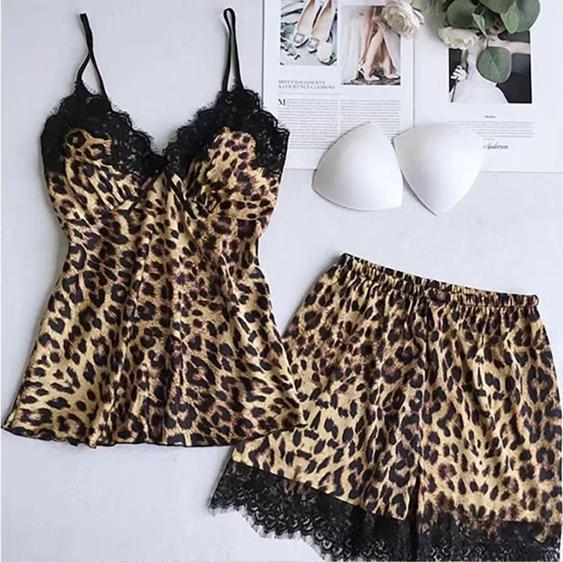 Fashionable Summer Leopard Print Ice Silk Pajamas Set for Women Four-Piece Home Wear Woven with Nonwoven Method Full Charm