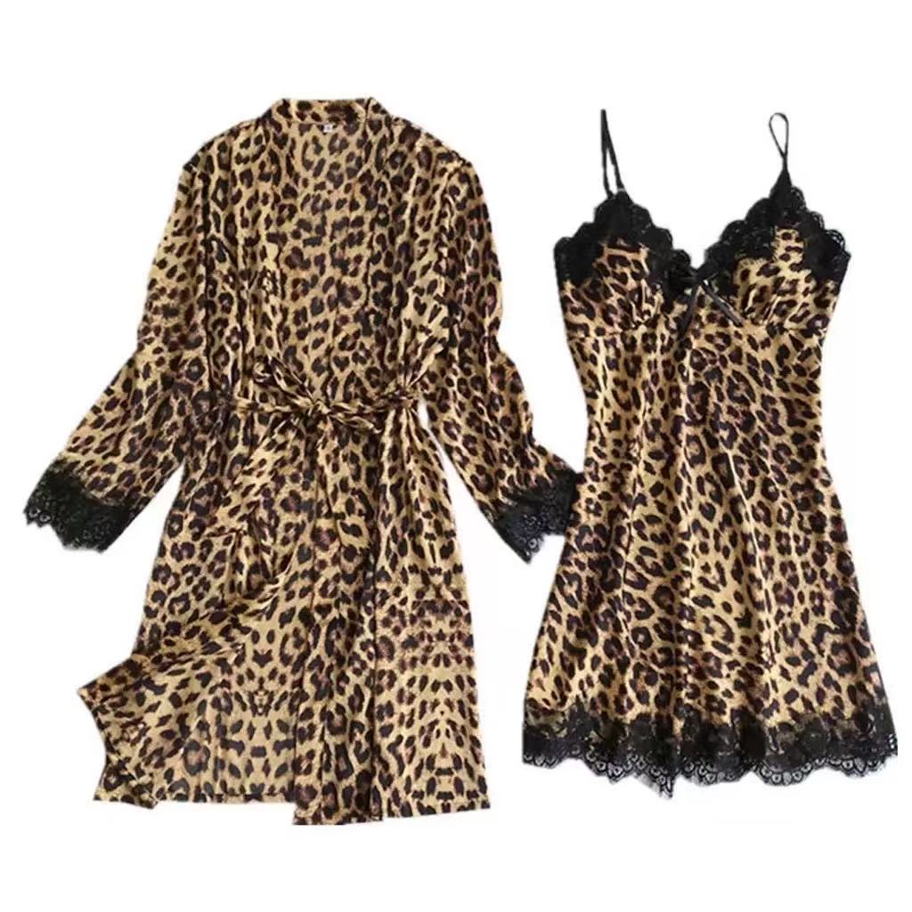 Fashionable Summer Leopard Print Ice Silk Pajamas Set for Women Four-Piece Home Wear Woven with Nonwoven Method Full Charm