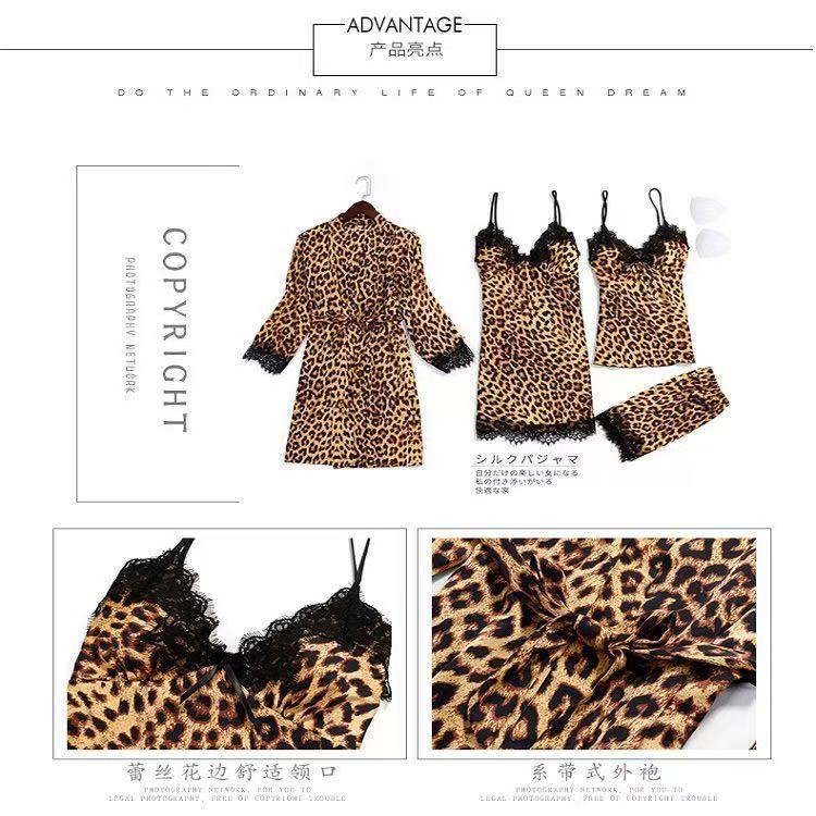 Fashionable Summer Leopard Print Ice Silk Pajamas Set for Women Four-Piece Home Wear Woven with Nonwoven Method Full Charm