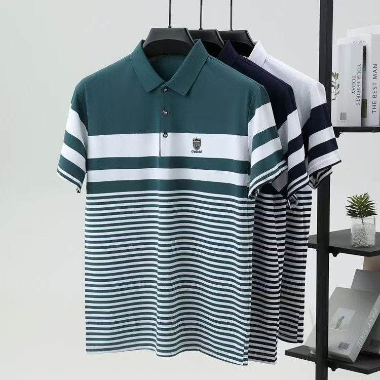 2026 High-grade Ice Silk Pearl Polyester Men's Short-sleeved Shirt Breathable Thin Summer Striped Machine Washable Wear-Resistant