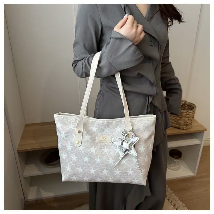 Women Star Print Large Capacity Tote Bag Zipper Shoulder Handbag For Student Office Daily Shopping, Free Silver Star Pendant Gift