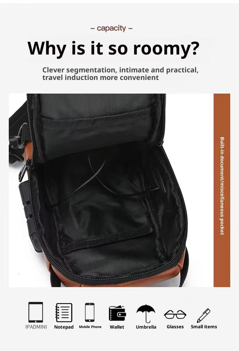 Large Capacity Men Sling Chest Bag Anti-Theft Combination Lock External USB Charging Port Leather Crossbody Shoulder Hand Bag Fit 7.9 Inch IPad Mini For Travel Hiking