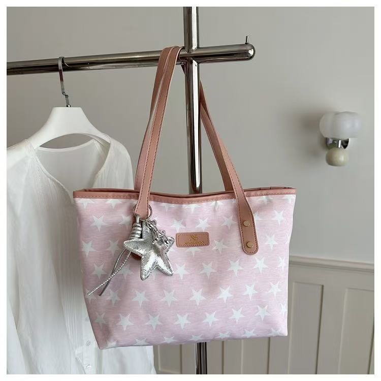 Women Star Print Large Capacity Tote Bag Zipper Shoulder Handbag For Student Office Daily Shopping, Free Silver Star Pendant Gift