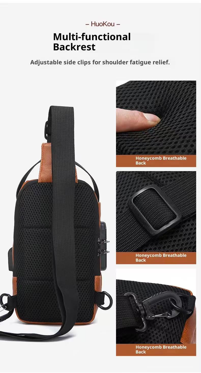 Large Capacity Men Sling Chest Bag Anti-Theft Combination Lock External USB Charging Port Leather Crossbody Shoulder Hand Bag Fit 7.9 Inch IPad Mini For Travel Hiking