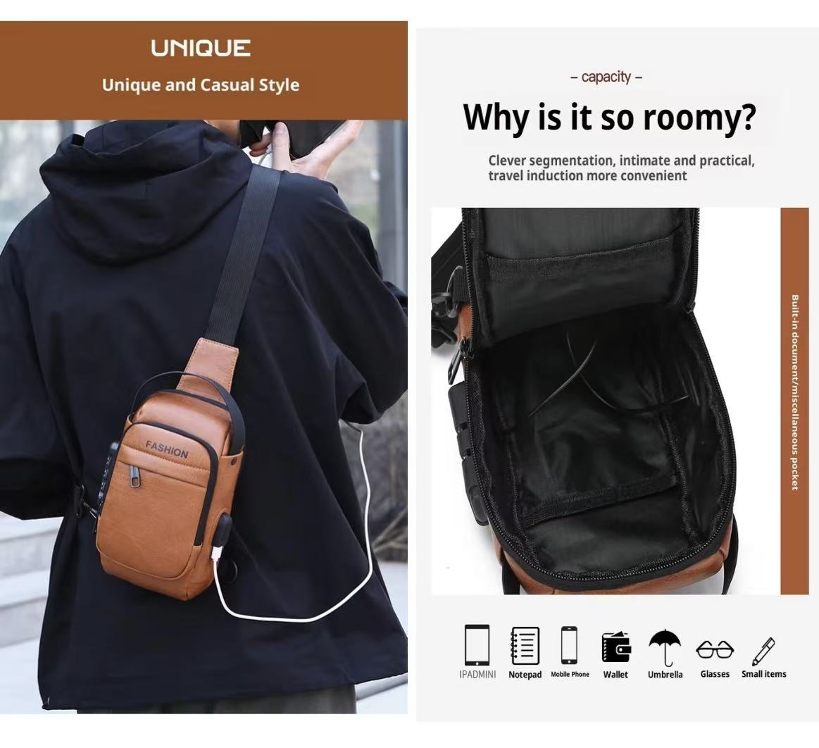 Large Capacity Men Sling Chest Bag Anti-Theft Combination Lock External USB Charging Port Leather Crossbody Shoulder Hand Bag Fit 7.9 Inch IPad Mini For Travel Hiking