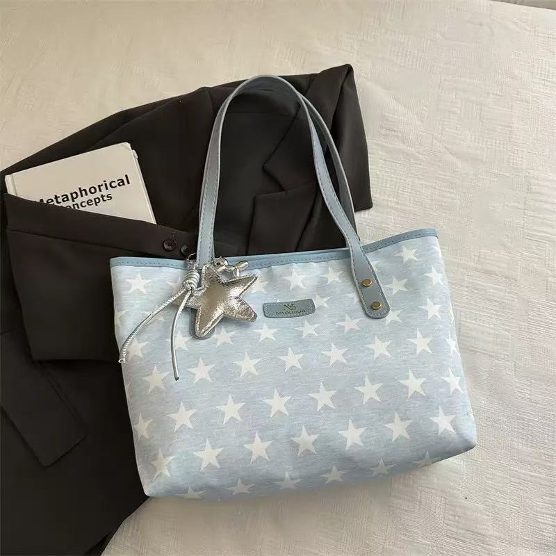 Women Star Print Large Capacity Tote Bag Zipper Shoulder Handbag For Student Office Daily Shopping, Free Silver Star Pendant Gift