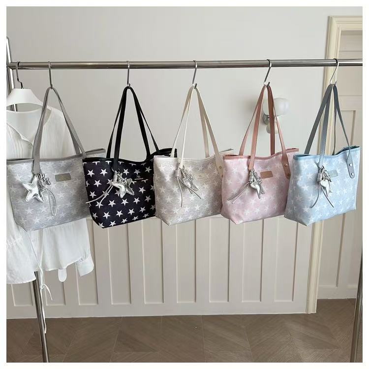 Women Star Print Large Capacity Tote Bag Zipper Shoulder Handbag For Student Office Daily Shopping, Free Silver Star Pendant Gift
