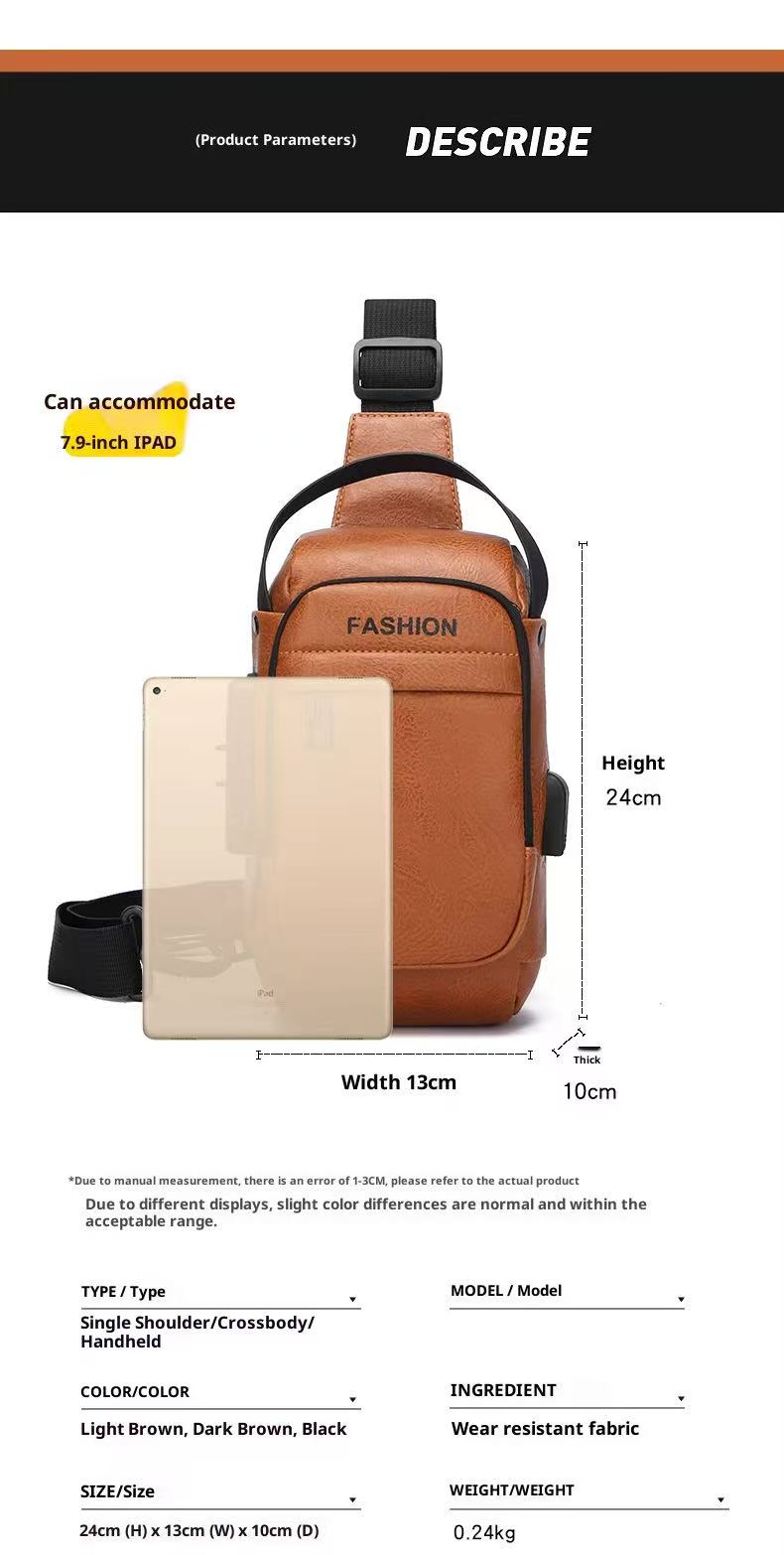 Large Capacity Men Sling Chest Bag Anti-Theft Combination Lock External USB Charging Port Leather Crossbody Shoulder Hand Bag Fit 7.9 Inch IPad Mini For Travel Hiking