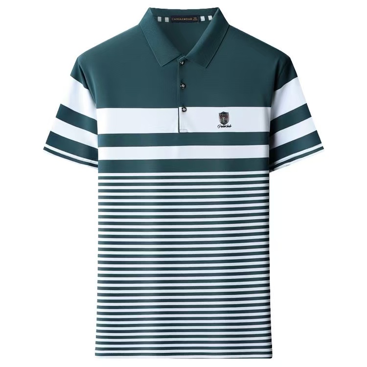 2026 High-grade Ice Silk Pearl Polyester Men's Short-sleeved Shirt Breathable Thin Summer Striped Machine Washable Wear-Resistant