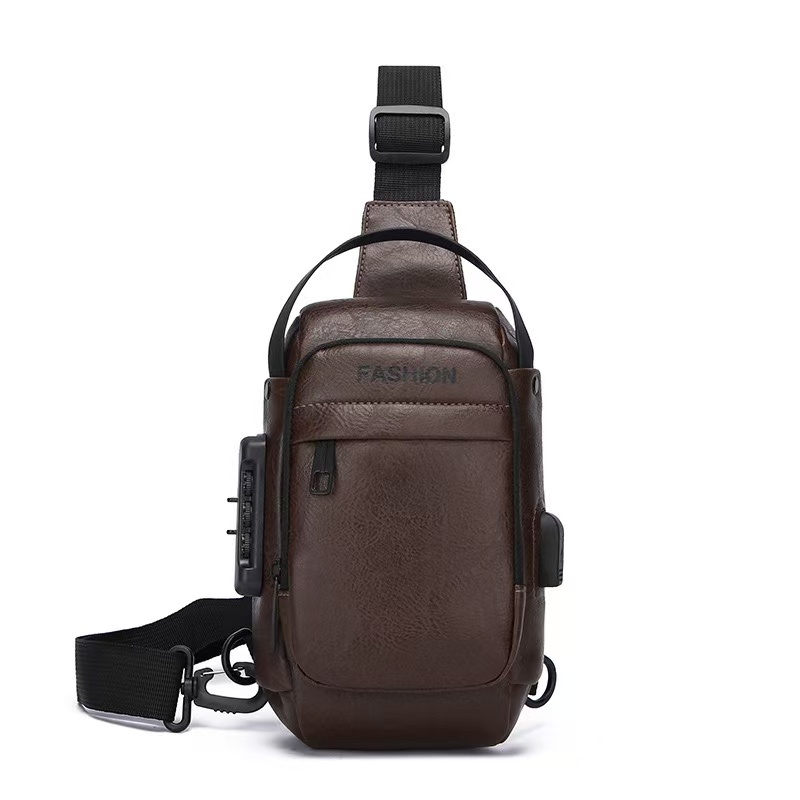 Large Capacity Men Sling Chest Bag Anti-Theft Combination Lock External USB Charging Port Leather Crossbody Shoulder Hand Bag Fit 7.9 Inch IPad Mini For Travel Hiking
