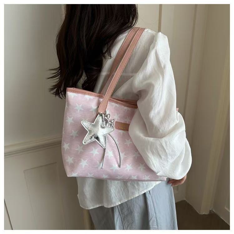 Women Star Print Large Capacity Tote Bag Zipper Shoulder Handbag For Student Office Daily Shopping, Free Silver Star Pendant Gift