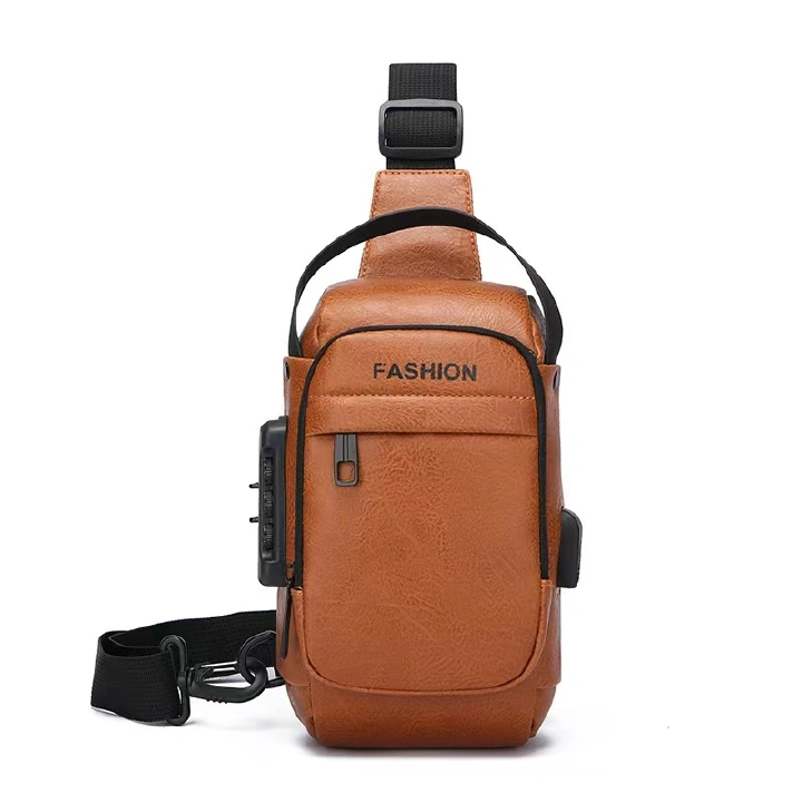Large Capacity Men Sling Chest Bag Anti-Theft Combination Lock External USB Charging Port Leather Crossbody Shoulder Hand Bag Fit 7.9 Inch IPad Mini For Travel Hiking
