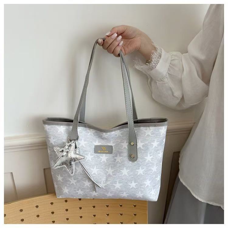 Women Star Print Large Capacity Tote Bag Zipper Shoulder Handbag For Student Office Daily Shopping, Free Silver Star Pendant Gift
