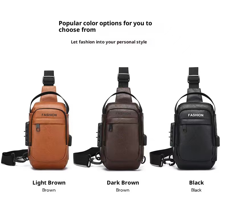 Large Capacity Men Sling Chest Bag Anti-Theft Combination Lock External USB Charging Port Leather Crossbody Shoulder Hand Bag Fit 7.9 Inch IPad Mini For Travel Hiking