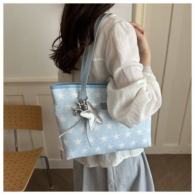 Women Star Print Large Capacity Tote Bag Zipper Shoulder Handbag For Student Office Daily Shopping, Free Silver Star Pendant Gift