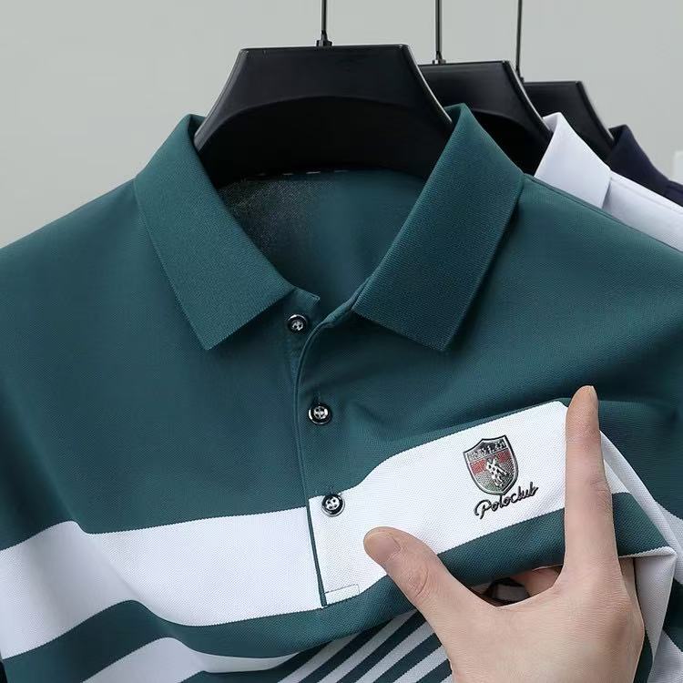 2026 High-grade Ice Silk Pearl Polyester Men's Short-sleeved Shirt Breathable Thin Summer Striped Machine Washable Wear-Resistant